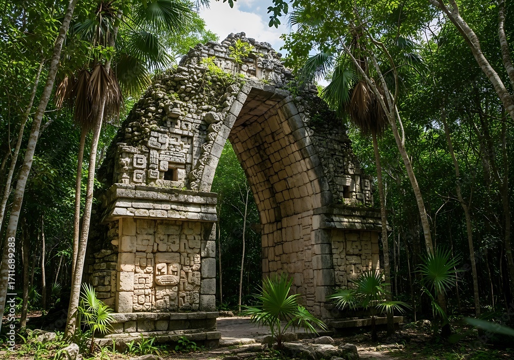Naklejka premium Ancient Mayan Archway in Lush Jungle.