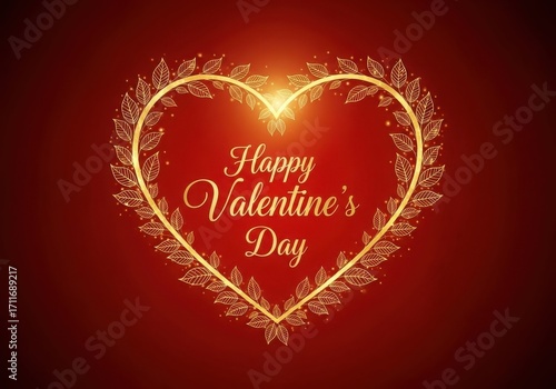 Golden heart shaped frame with happy valentine s day text on red background