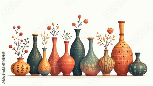 A row of decorative vases, each filled with small stylized plants, presents a colorful and harmonious display.