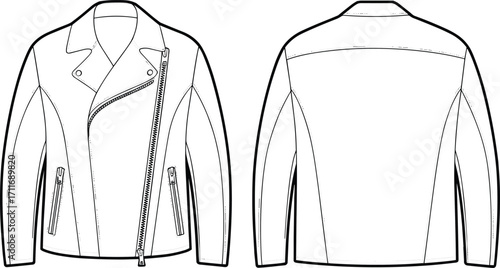 Biker leather jacket cad drawing flat vector illustration, front and back technical sketch, zippered moto outerwear fashion design template