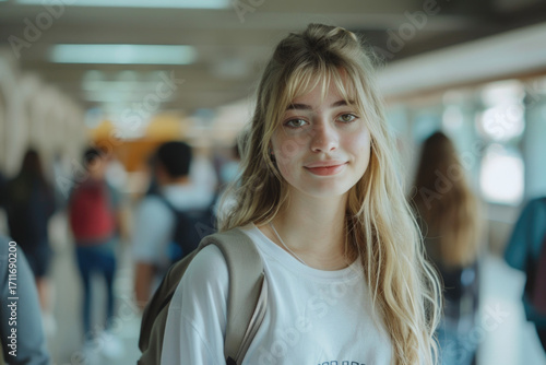 Young woman with long hair smiles in busy school corridor during daytime Free Download Young woman with long hair smiles in busy school corridor during daytime - GFXLoad
