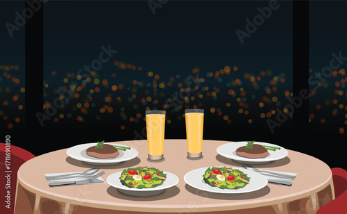 dinner at the hotel restaurant with a view of the city lights