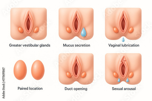 Female anatomy diagrams: Vestibular glands, mucus secretion, lubrication, duct opening, sexual arousal.