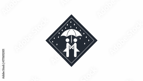 Stylized illustration of two figures holding hands under an umbrella in the rain inside a black diamond silhouette