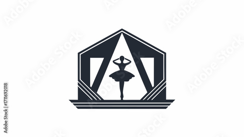 Silhouette of ballerina dancer in a stage like structure with geometric design and dark color palette view