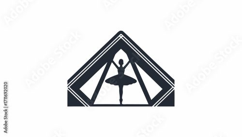 Silhouette of a ballerina inside a geometric triangle frame with a black and white color palette design