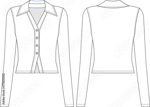 long sleeve collared v neck buttoned lowcut cutout hem knitted  fit blouse top shirt template technical drawing flat sketch cad mockup fashion woman design style model 
