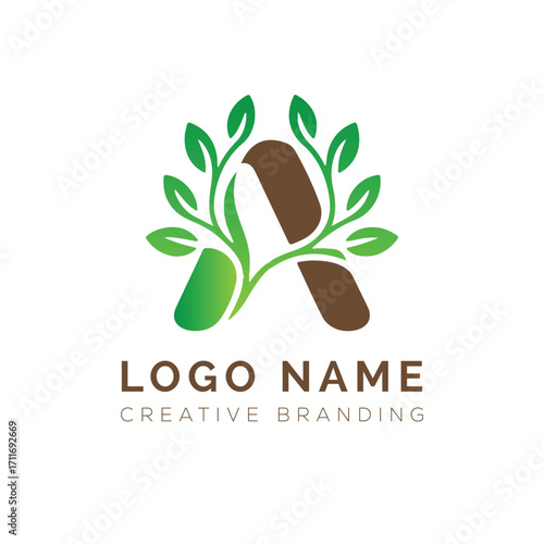 Nature-Inspired 'A' Logo with Leaves, Suitable for Branding