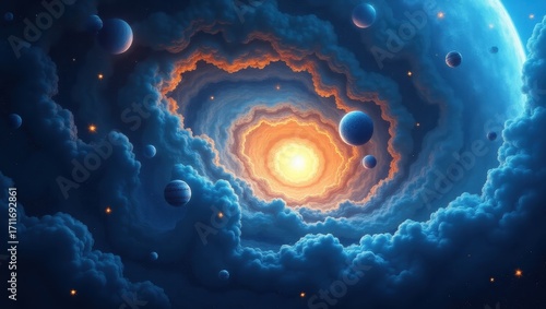 A swirling vortex of celestial clouds, illuminated by a brilliant central sun, showcases planets and stars embedded within the vast cosmic space.