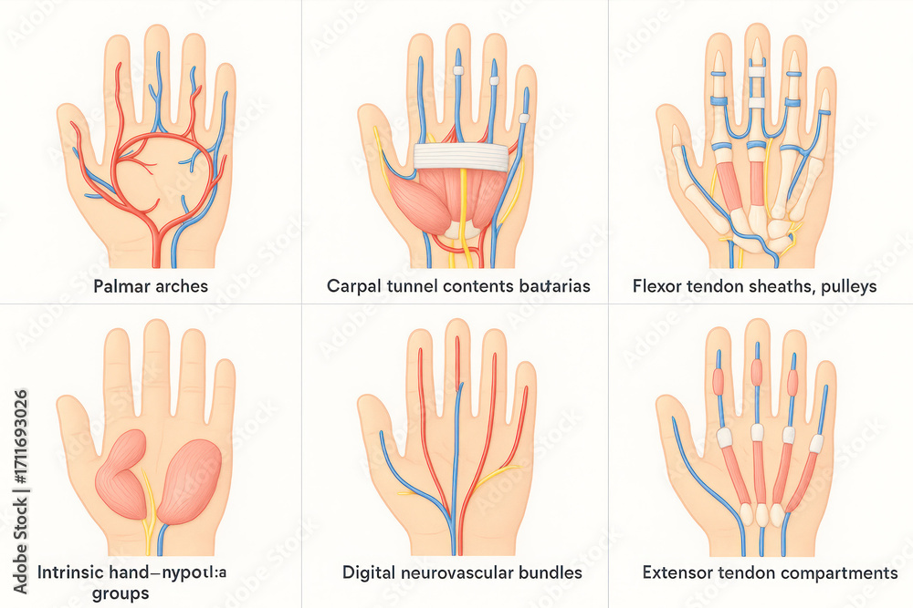 Fototapeta premium Hand Anatomy Illustrations: Palmar Arches, Tendons, and Neurovascular Bundles
