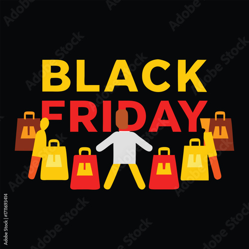 Excited shopper surrounded by shopping bags on black friday celebrating big discounts and retail sales event with festive atmosphere