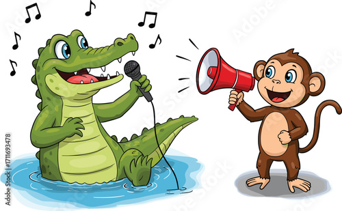 Cartoon crocodile singing, monkey with megaphone, musical animal characters, vector illustration, fun performance, children content, expressive design, jungle entertainment