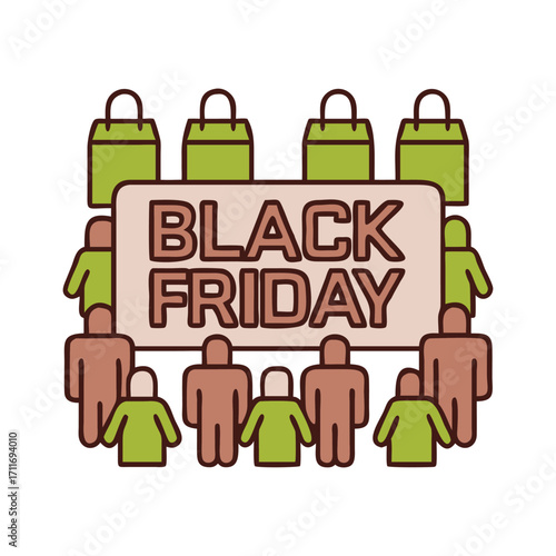 Excited diverse group of people gathered around a large sign announcing black friday shopping deals and promotions with shopping bags overhead