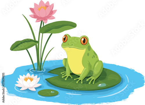 Cartoon frog on lily pad, green frog sitting in pond, water lily flowers, cute amphibian illustration, nature water habitat, peaceful pond scene, vector wildlife art