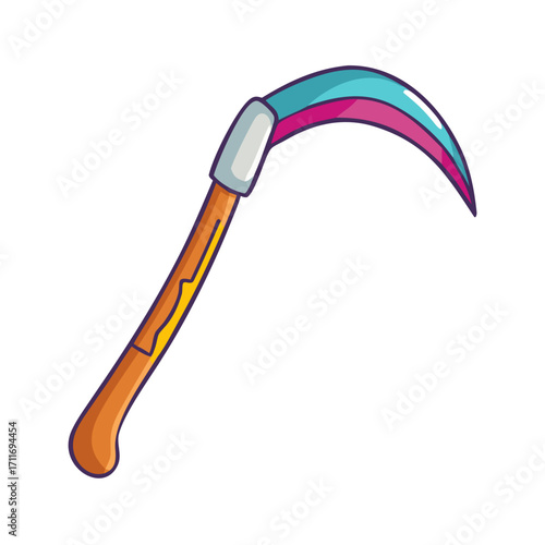 Cartoon grim reaper scythe Halloween icon with wooden handle and silver blade