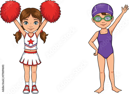 Cartoon girl cheerleader with pom poms and girl swimmer in swimsuit, kids sports characters, athletic children illustration for school, competition, or training concept