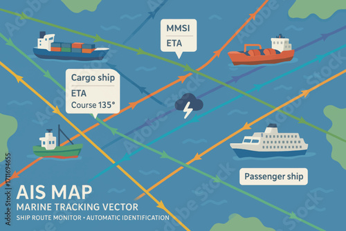 Vector AIS maritime map with vessels, shipping routes, and course tracking for navigation and marine communication visualization.