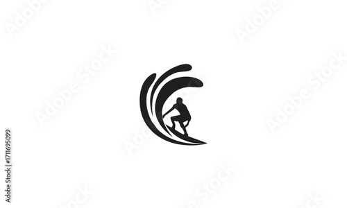 Black and White Surfer Silhouette Riding a Wave A Dynamic Surf Icon for Design and Branding