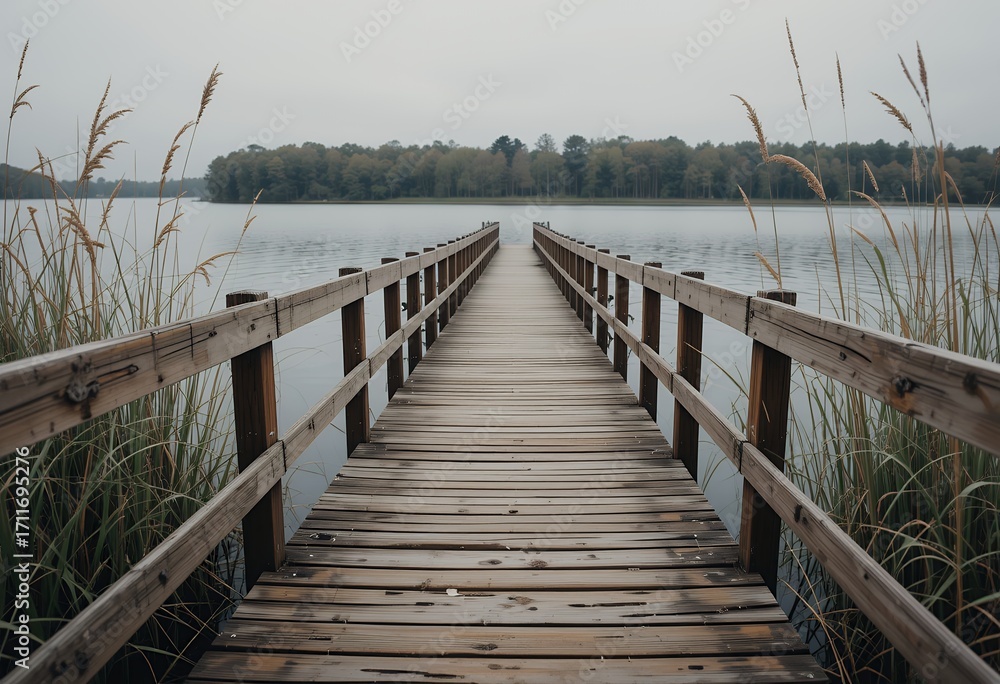Naklejka premium wooden boardwalk extending over calm lake water towards dense tree line under overcast sky