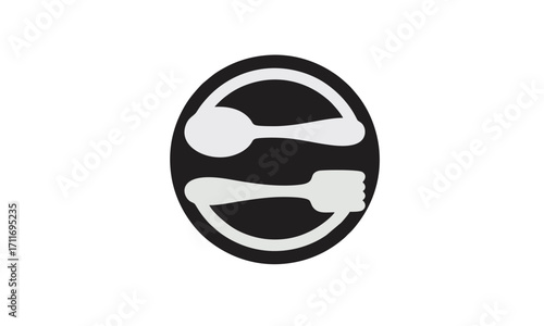 Simple and clean icon representing a fork and spoon inside a circle, symbolizing food or dining