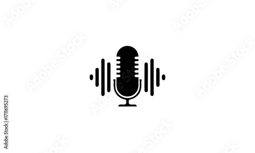 Sleek minimalist black microphone icon with rhythmic sound waves, representing the essence of audio recording, podcasting, digital communication, and broadcasting