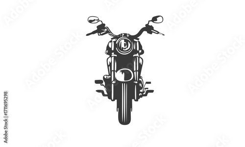 Monochrome illustration of a classic motorcycle, viewed from the front, symbolizing freedom and the open road. Perfect vector graphic for hobbyists and automotive design
