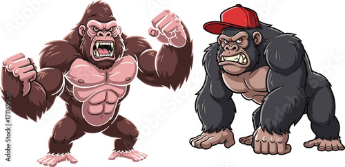 Cartoon gorilla characters illustration, strong muscular ape roaring with power, cool gorilla wearing red cap, wild animal mascot artwork design