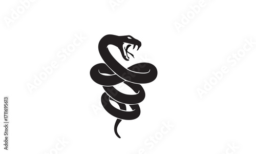 Dynamic and stylized black snake illustration, depicting a coiled serpent with an open mouth and fangs, conveying power, danger, and mystery, suitable for various design projects and branding
