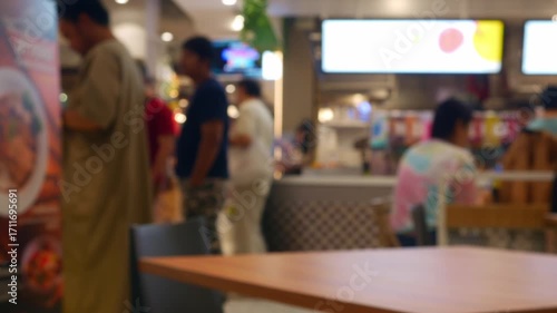 Time Lapse Blurred Food Court Scene - Busy Restaurant Interior with Warm Lighting and Customer Activity in Shopping Mall.