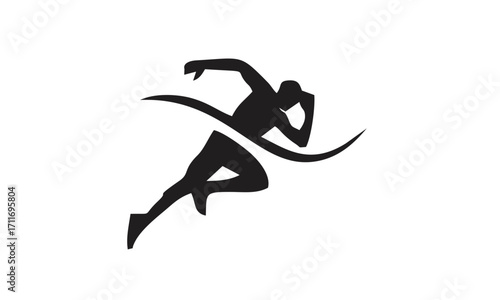 Dynamic silhouette of an athlete sprinting forward, symbolizing speed and victory with a curved motion trail