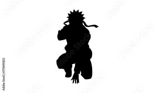 Black silhouette of a dynamic anime-style warrior with spiky hair in a crouching action pose, isolated on a clean white background