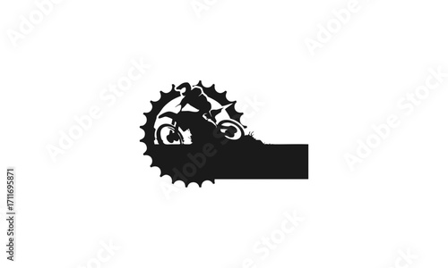 Dynamic mountain biker silhouette design inside a bike sprocket. Abstract vector graphic logo for cycling, adventure, and extreme sports themes