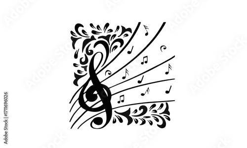 Elegant treble clef with floral swirls and musical notes on a staff, a stylized graphic representing the symphony of sound and art