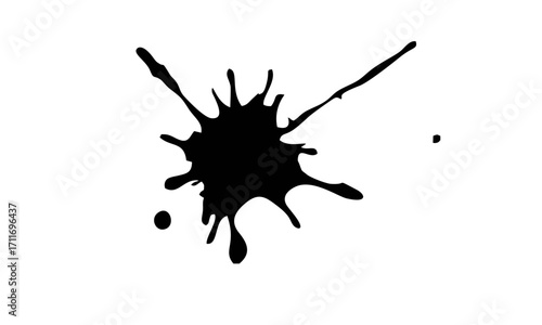 Dynamic black ink splat illustration with messy drips and drops. Abstract grunge paint blot isolated on a white background for design projects