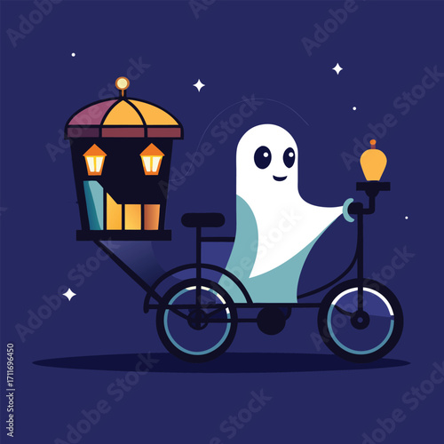 Cute friendly ghost character riding a vintage bicycle at night with a glowing lantern and a spooky haunted house carriage filled with lights
