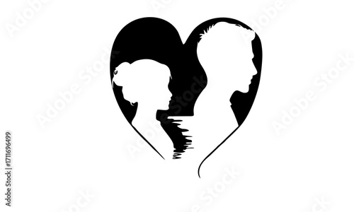 Symbolic illustration of a broken relationship with silhouettes of a man and woman separated by a jagged line inside a black heart
