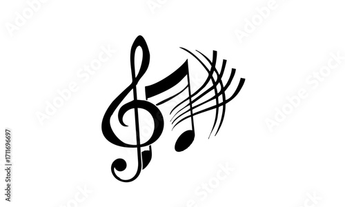 Dynamic black silhouette illustration of a musical treble clef paired with flowing notes, representing the universal language of melody, rhythm, and artistic sound expression