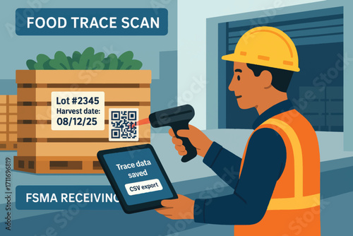 Vector concept of food safety traceability plan with shipping icons and labeling system using KDE and CTE identifiers in packaging.