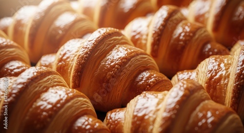 Golden-brown croissants freshly baked, arranged closely together, showcasing flaky layers and a glistening surface.