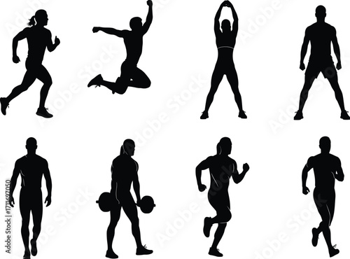 Athlete silhouette set, black, running, jumping, lifting, standing poses, fitness movement, vector, isolated, sports exercise bundle
