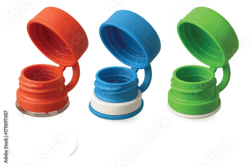 Colorful vector image of three tethered bottle caps in red, blue and green, representing sustainable packaging innovation.