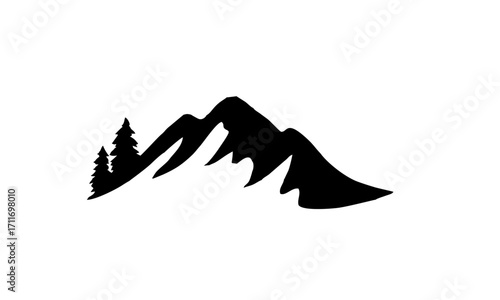 Minimalist vector illustration featuring a rugged mountain range silhouette with prominent pine trees, capturing the essence of wilderness and outdoor adventure