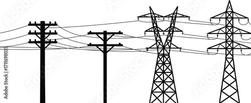 Black and white vector illustration of four electrical transmission towers and power poles with wires, energy distribution infrastructure, high voltage power lines icon