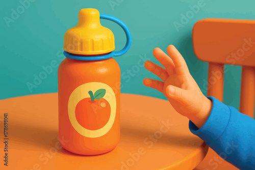 Bright vector illustration of childs juice bottle with tethered cap, combining safety, vibrant color and compact usability.
