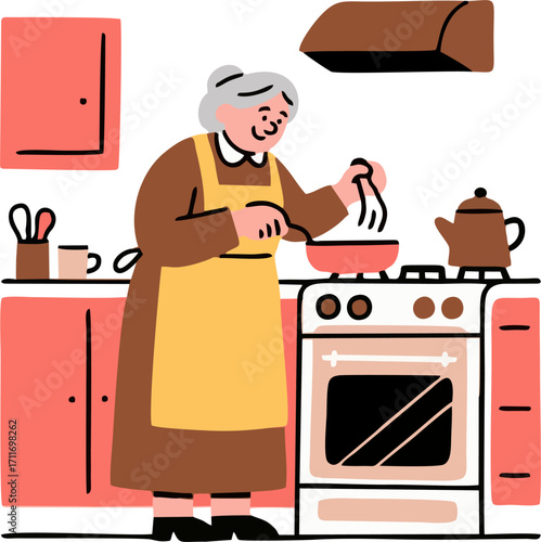 Grandma Cooking in Kitchen – Flat Cartoon Vector Illustration of Elderly Woman Preparing Food on Stove