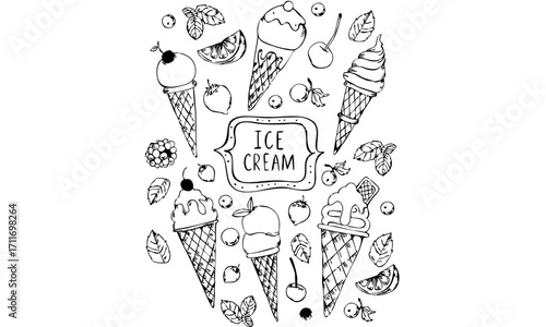 Hand-drawn ice cream cones with fruit and mint leaves illustration.