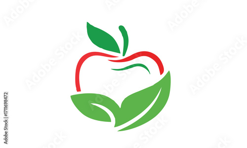 A stylized red apple with green leaves, symbolizing health and nature.