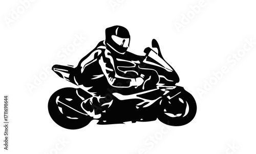 Illustration of a motorcyclist riding a sport bike in black and white.