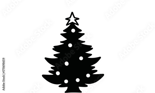 Christmas tree silhouette with ornaments and star, iconic holiday decoration, vector graphic for festive designs