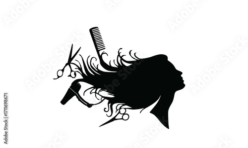 Black silhouette of a woman's profile with hairdressing tools like scissors and a comb integrated into her flowing hair.